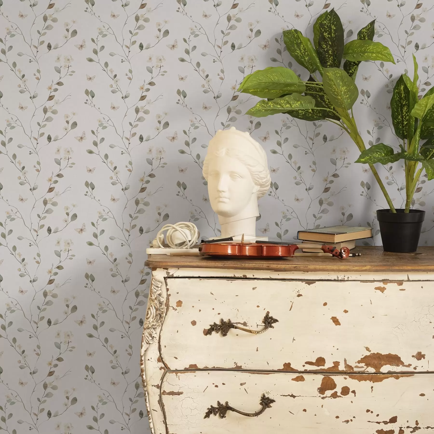 fotószőnyeg Vékony ágak virágokkal és pillangókkal fehér háttéren a00342