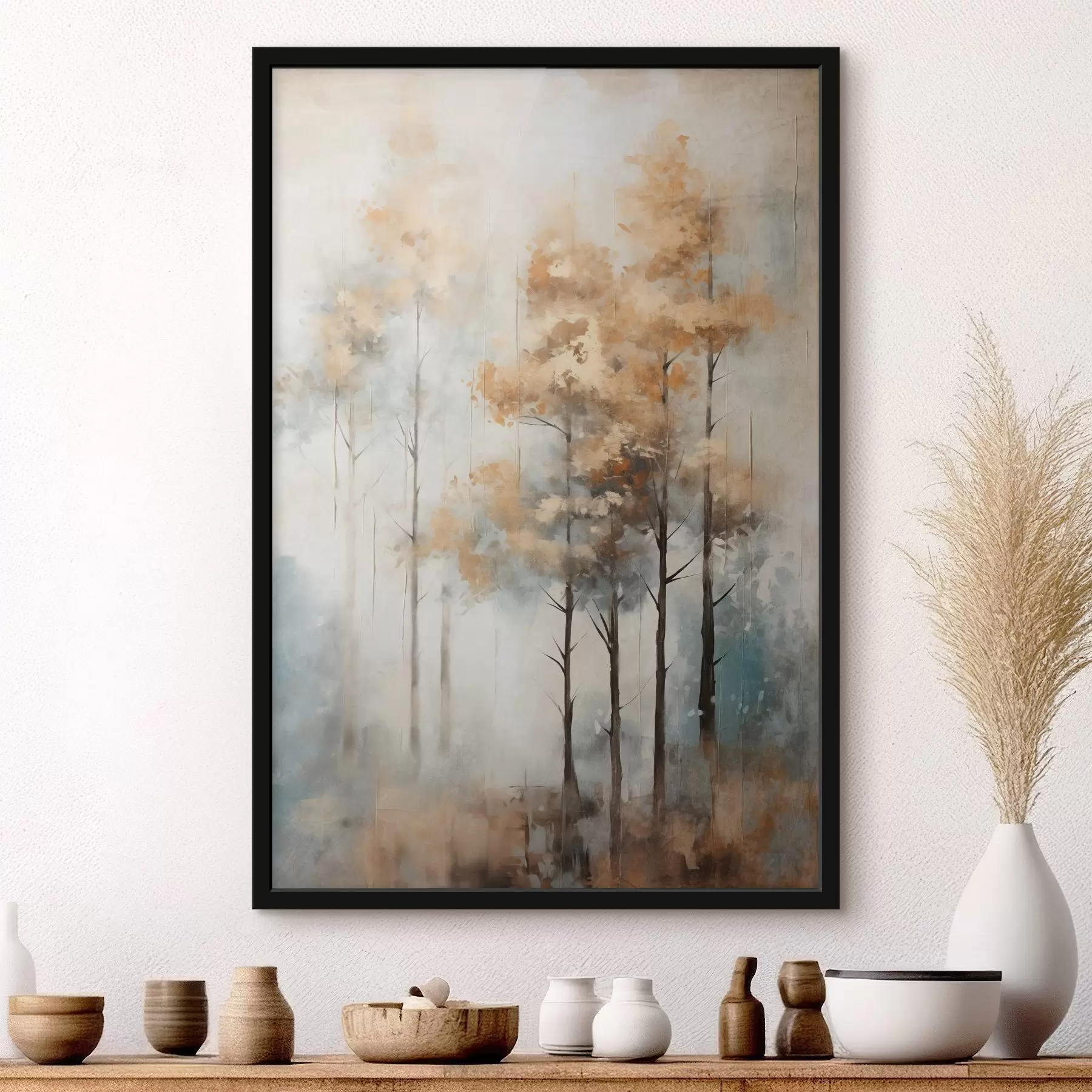 fotószőnyeg Texturált magas fák sárga levelekkel egy erdőben , a háttér lágy kék és barna tónusok keveréke f45187