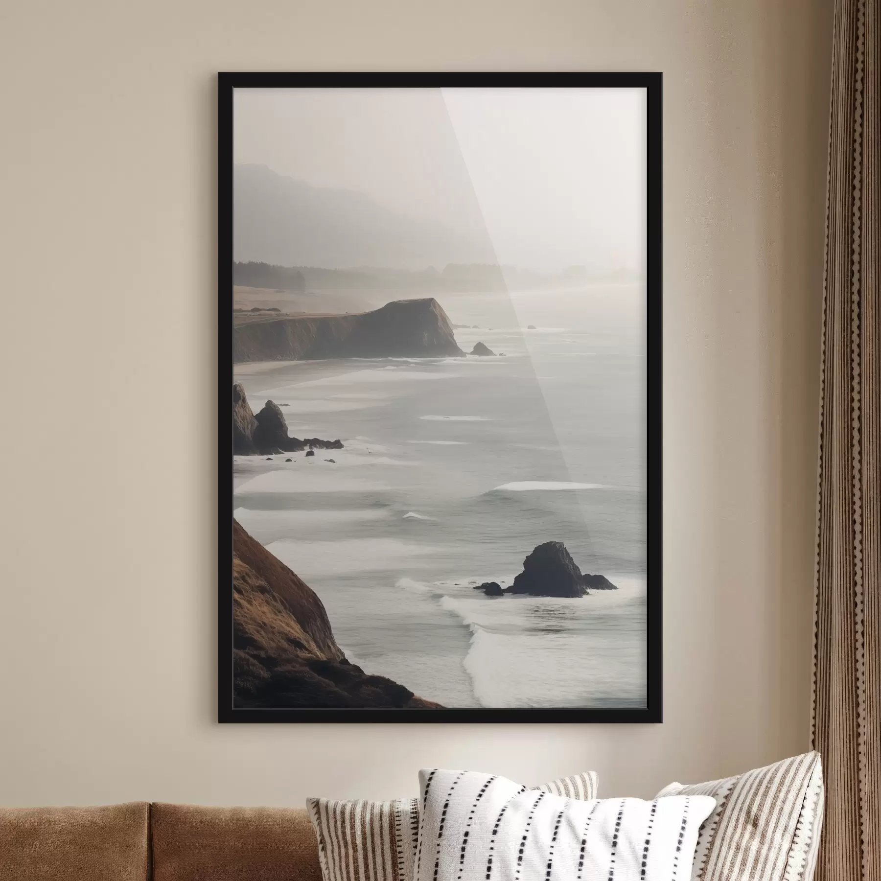 fotószőnyeg Sziklás sziklák és tengerpart, a hullámok összecsapnak a parton, hangulatos hangulatú táj, földes tónusok f45194