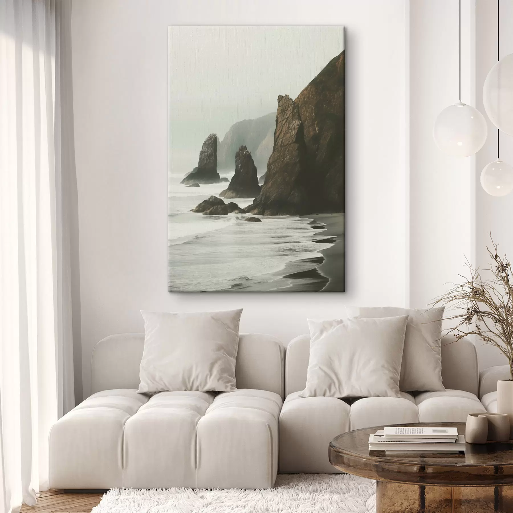 fotótapéta Sziklás sziklák és tengerpart, a hullámok összecsapnak a parton, hangulatos hangulatú táj, földes tónusok s45193