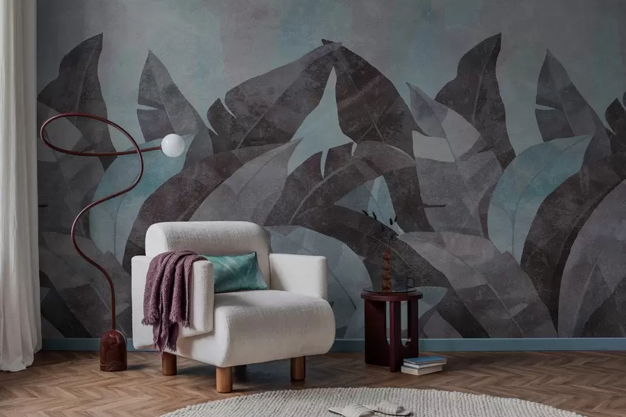 fotószőnyeg texturált banánlevelek a kék és a szürke árnyalataiban w04285v2