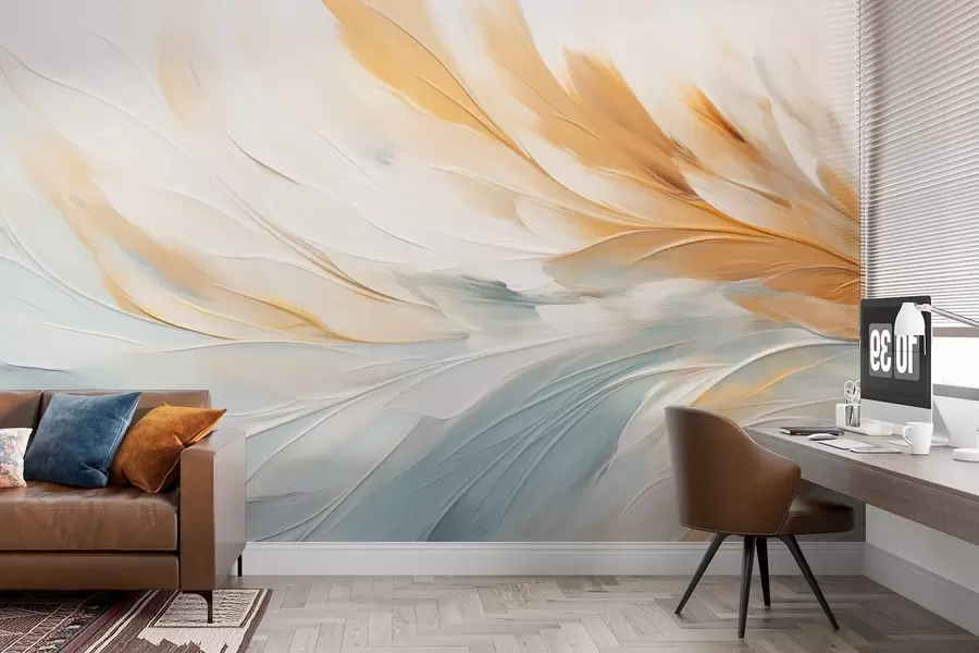 fotószőnyeg Absztrakt tollak lágy kék és narancssárga tónusokban w09283