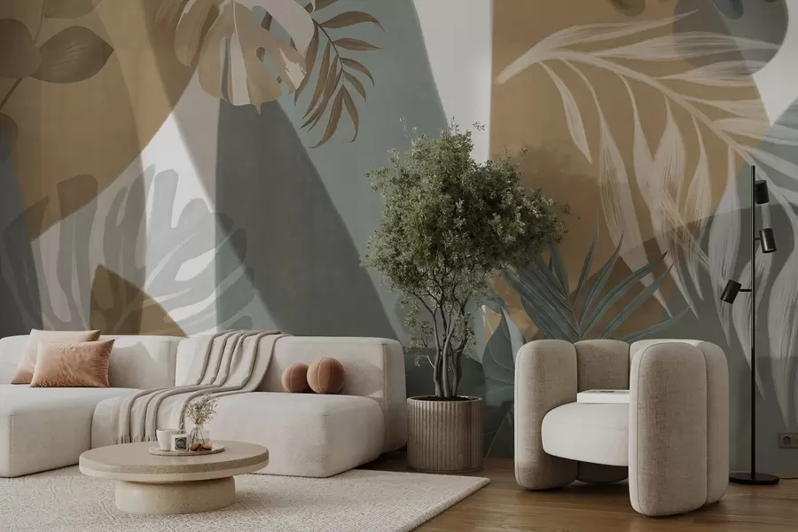 fotószőnyeg Monstera levelek és pálmalevelek mintázata barna, fehér és zöld színekkel, trópusi hangulat, absztrakt formák, dekoráció w09288