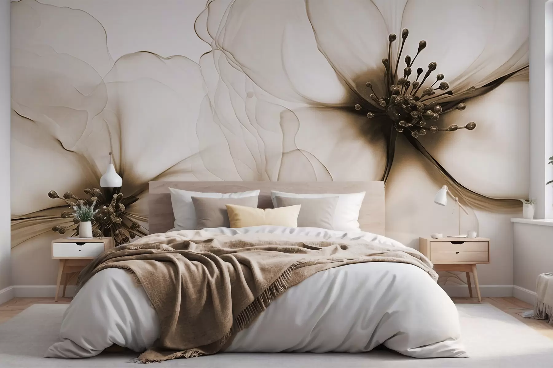 fotószőnyeg Két áttetsző textúrájú barna virág látható porzókkal, átfedő finom szirmokkal és lágy, áramló textúrával w09295