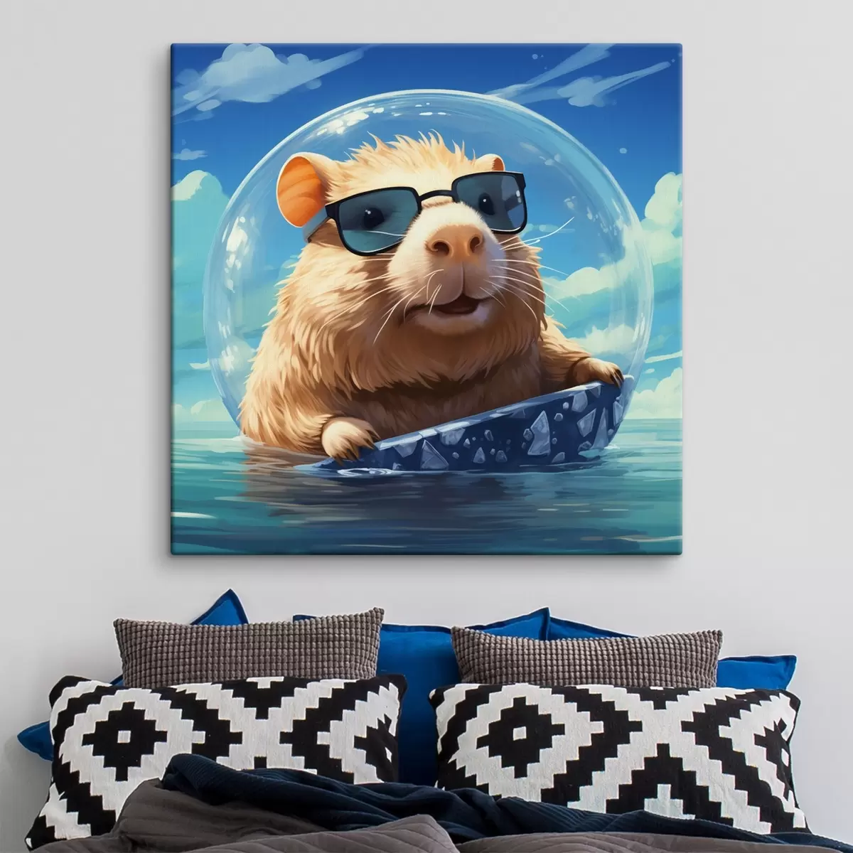 fotótapéta Vidám capybara egy átlátszó buborékban a vízen s45029