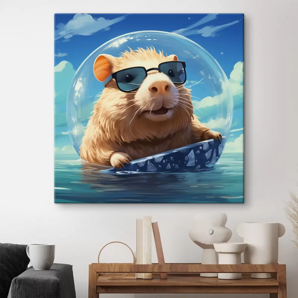 fotótapéta Vidám capybara egy átlátszó buborékban a vízen s45029