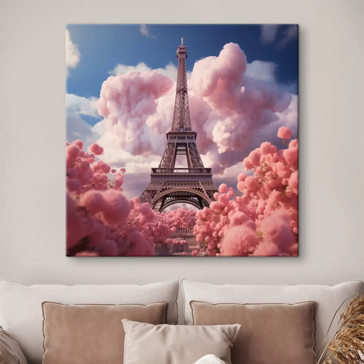 fotótapéta Eiffel-torony rózsaszín felhőkben fantasy stílusban s45036