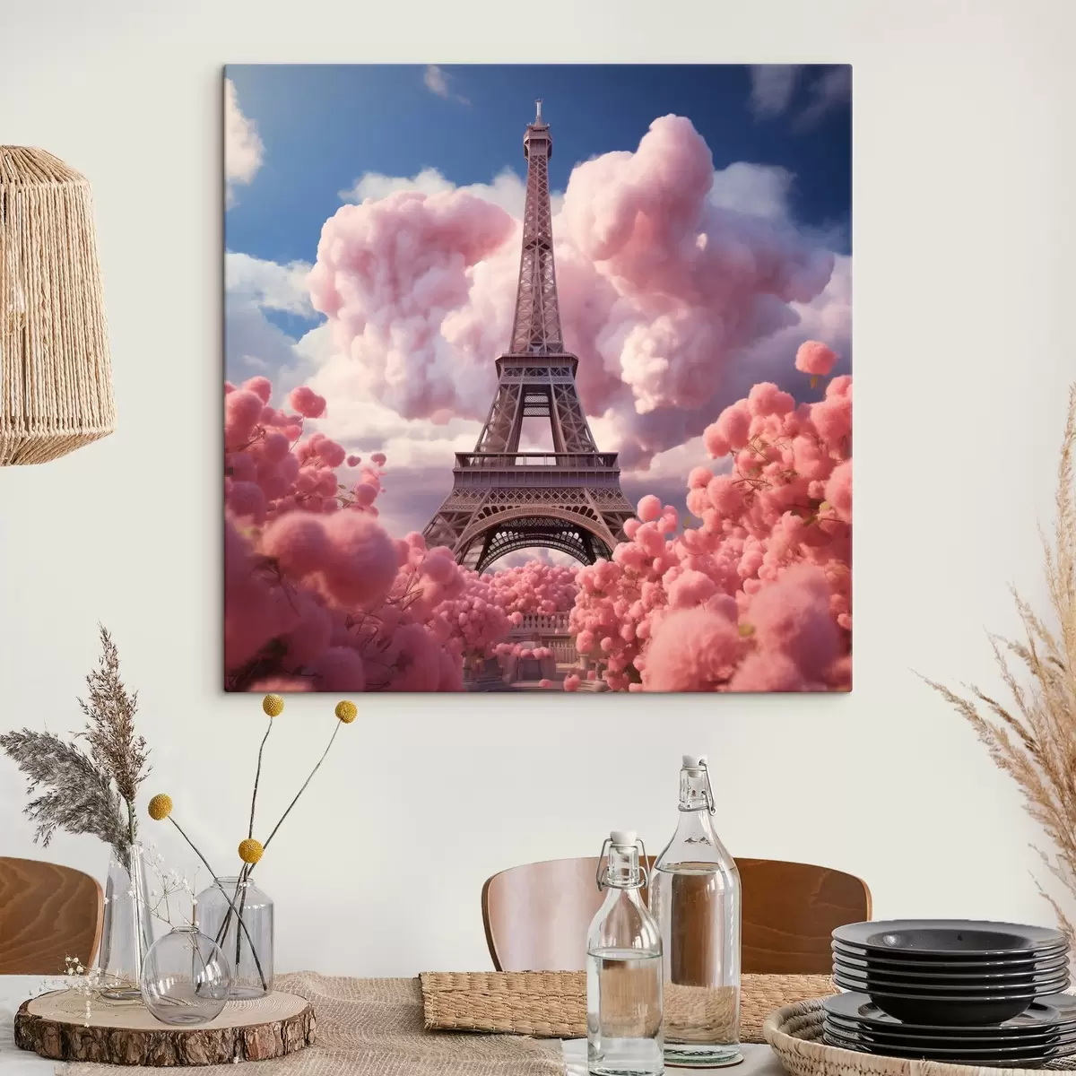 fotótapéta Eiffel-torony rózsaszín felhőkben fantasy stílusban s45036