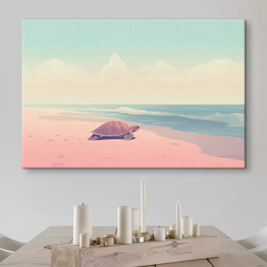 fotótapéta Tengeri teknős egy rózsaszín strandon: minimalista tájkép s45059