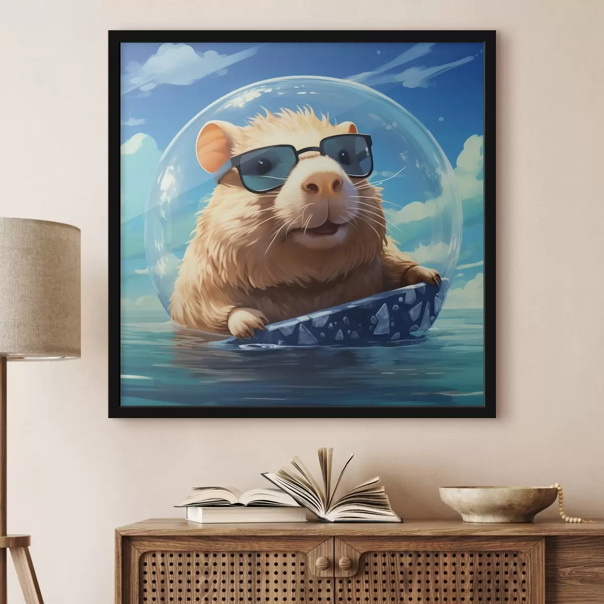 Plakát a sziklán Vidám capybara egy átlátszó buborékban a vízen f45029