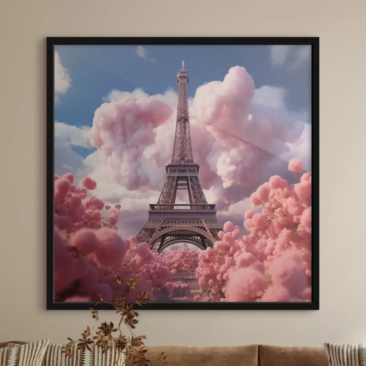 Plakát a sziklán Eiffel-torony rózsaszín felhőkben fantasy stílusban f45036