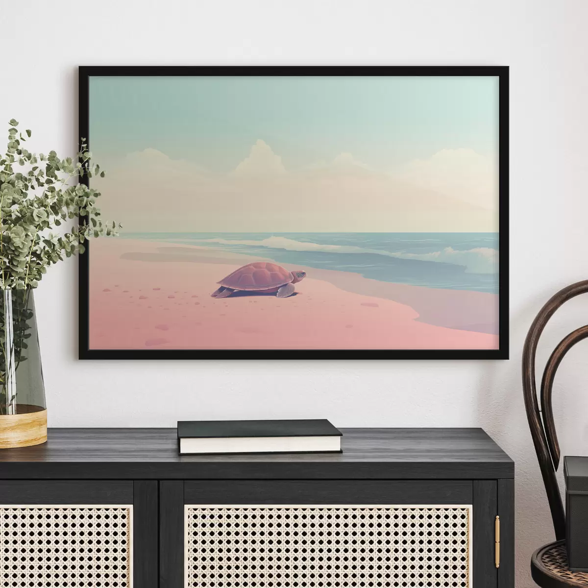 Plakát a sziklán Tengeri teknős egy rózsaszín strandon: minimalista tájkép f45059