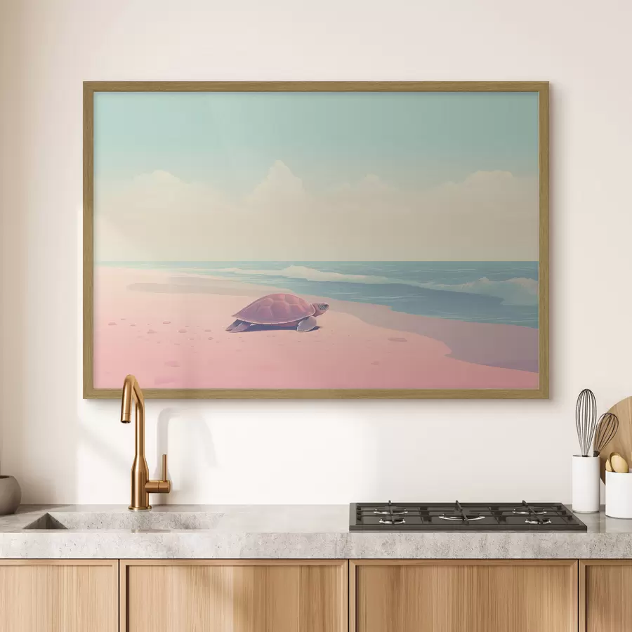 fotószőnyeg Tengeri teknős egy rózsaszín strandon: minimalista tájkép f45059