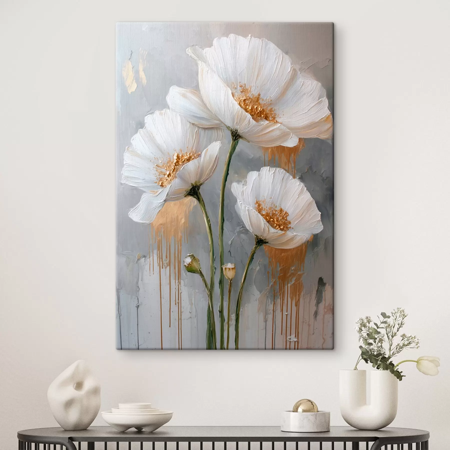 fotótapéta Fehér százszorszépek: volumetrikus festmény kék háttéren s45240