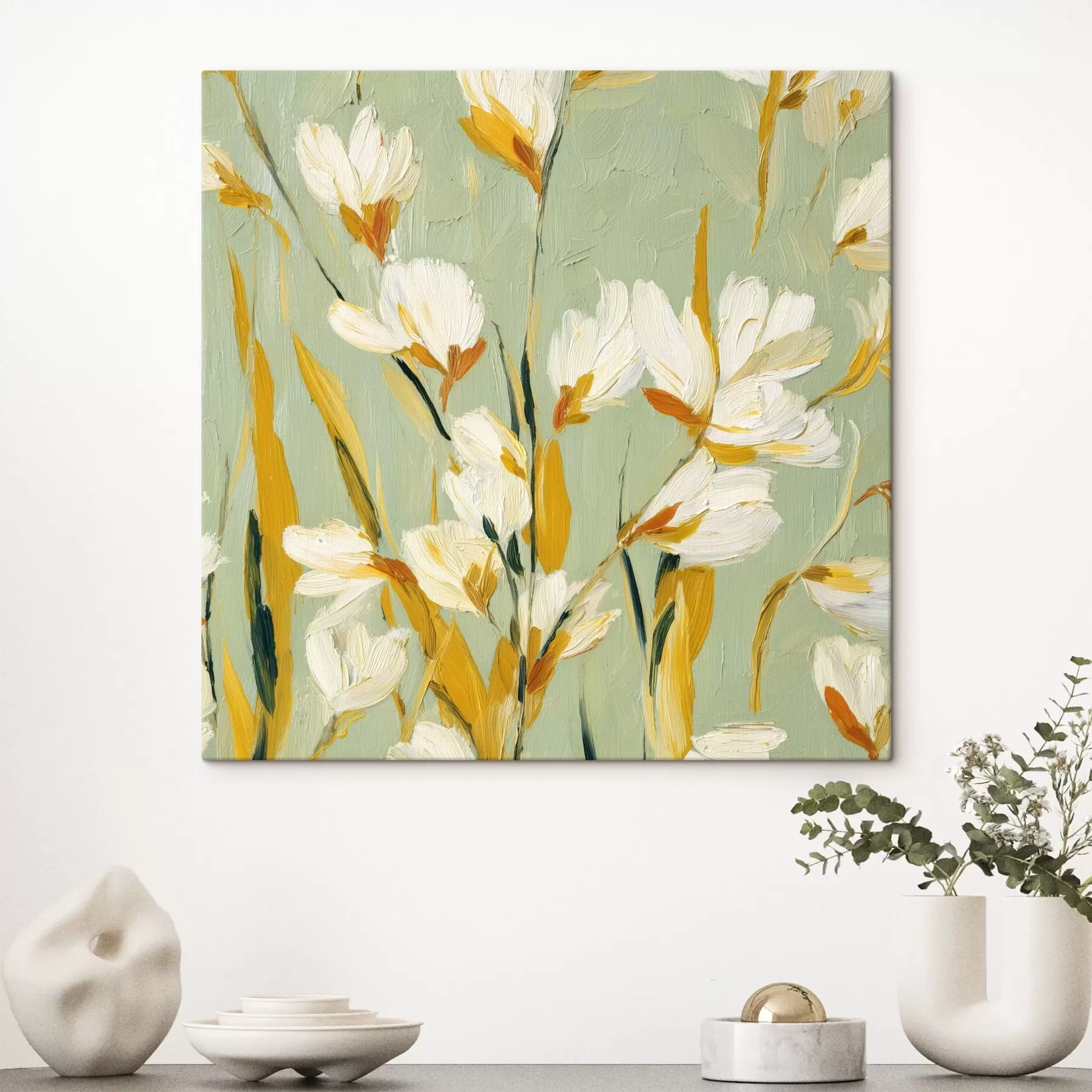 fotótapéta Fehér virágok sárga akcentussal menta háttéren ecsetvonás stílusban s45264