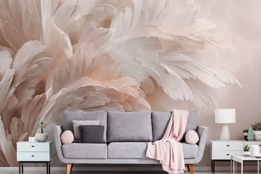 fotószőnyeg Légies tollak és szirmok krémes rózsaszín árnyalatokban w09301