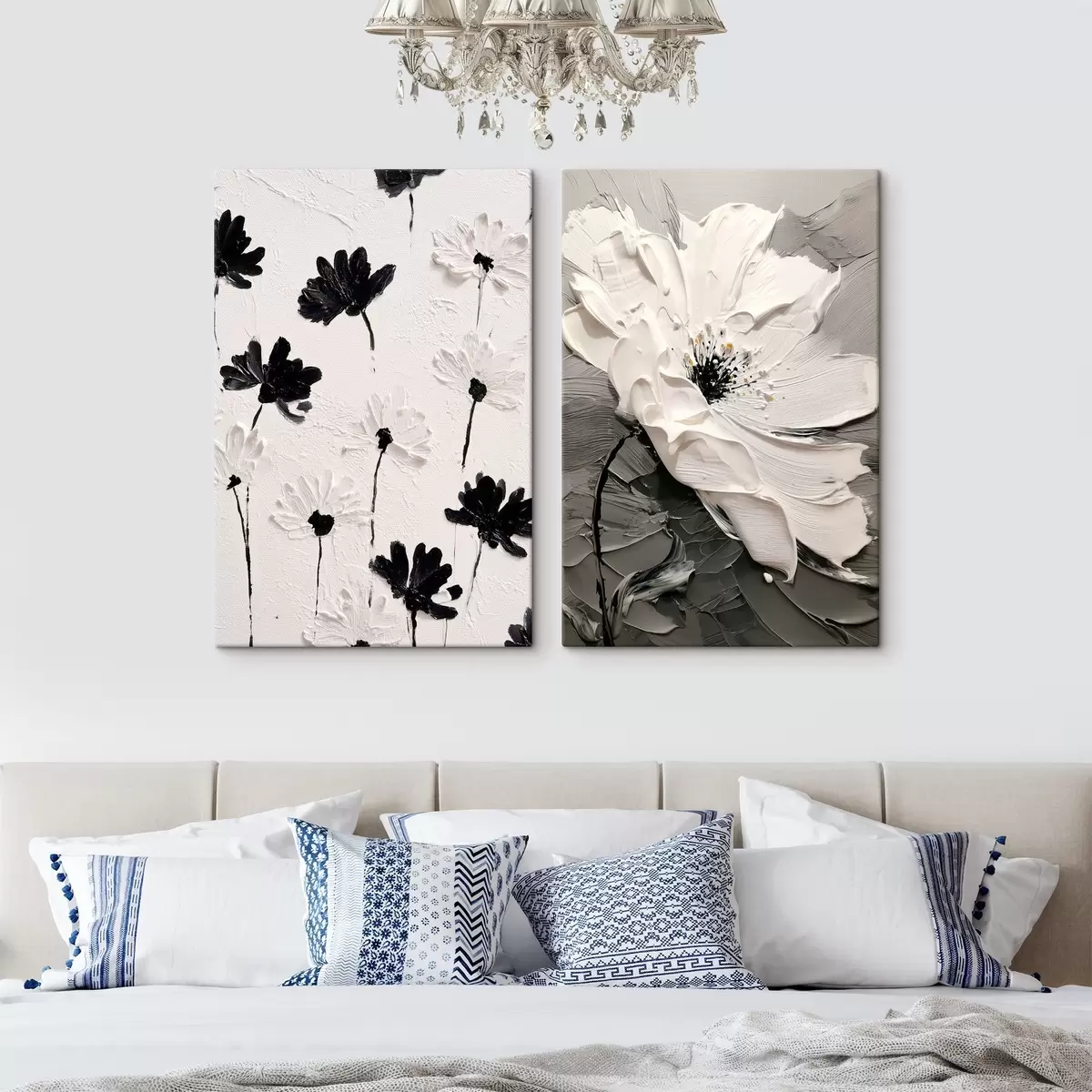 fotótapéta Diptichon fehér és fekete virágokkal modern stílusban m00571