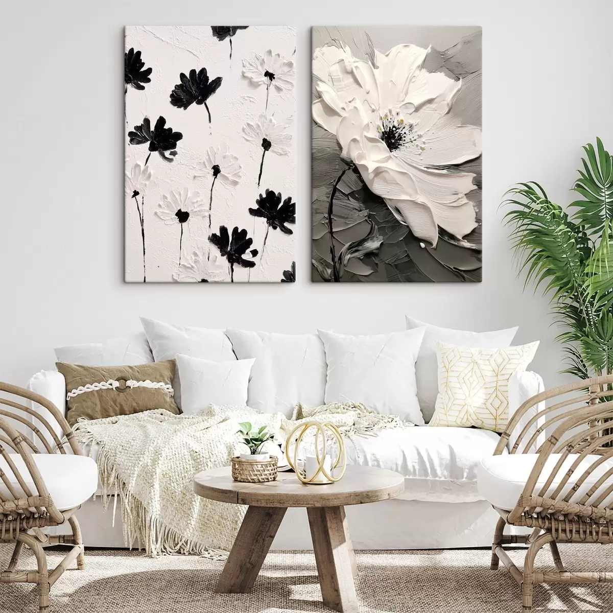 fotótapéta Diptichon fehér és fekete virágokkal modern stílusban m00571
