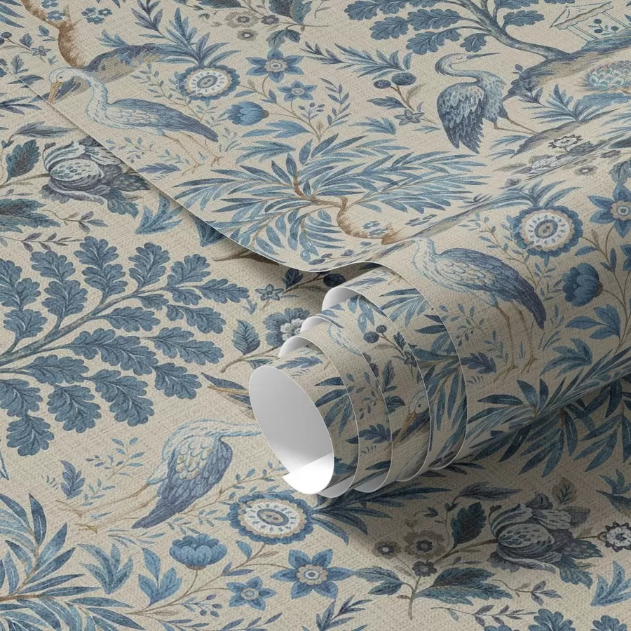 fotószőnyeg Toile de Jouy stílus kék madarakkal és trópusi fákkal a00382