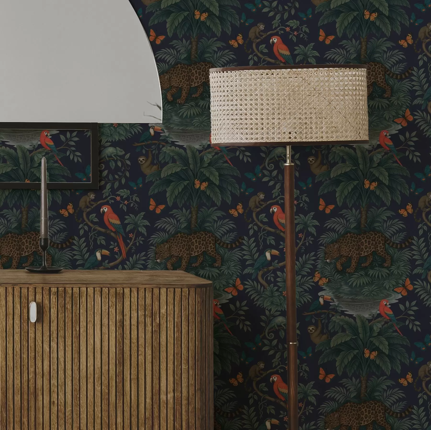 fotószőnyeg Trópusi dzsungel leopárddal, leopárddal, papagájokkal és pillangókkal a00388