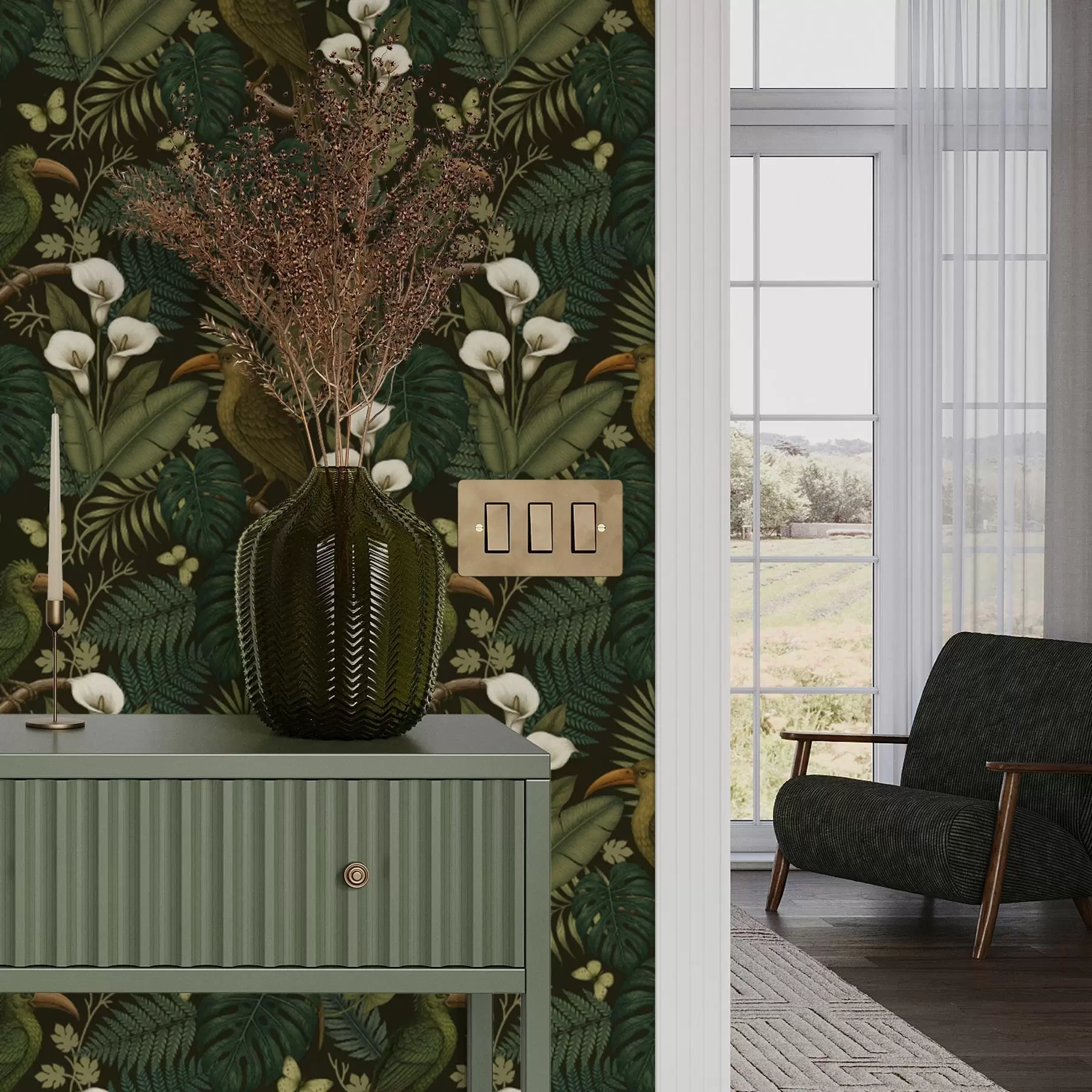 fotószőnyeg Trópusi madarak és buja zöld növényzet sötét dzsungel háttérben a00397