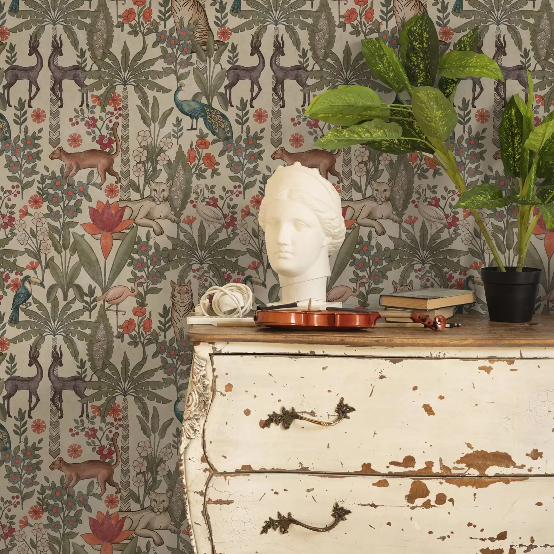 fotószőnyeg Retro stílus: Állatok és virágok vintage háttéren a00431