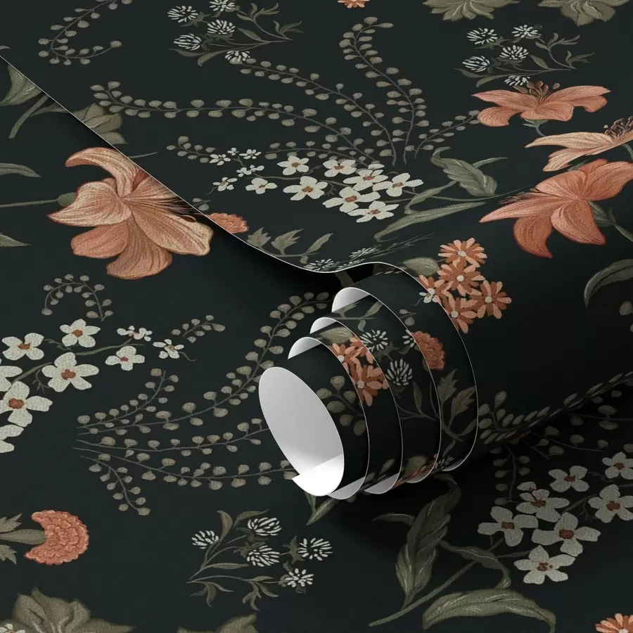 fotószőnyeg Narancssárga liliomok és kis virágok fekete háttéren a00463