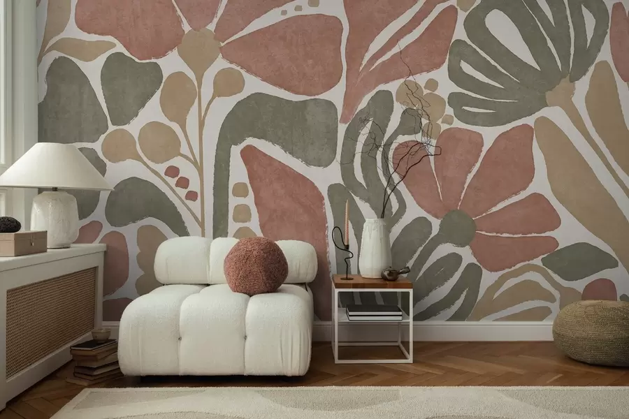 fotószőnyeg Absztrakt virágok a piros, zöld és bézs árnyalataiban, világos háttérrel, lapos, stilizált, modern, minimalista designban w09315