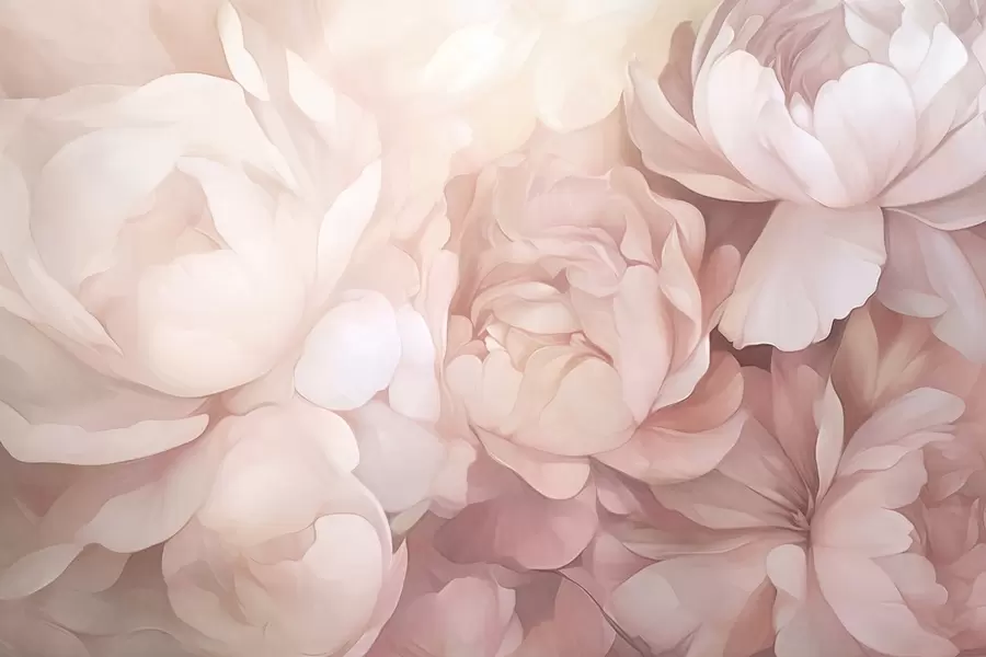 fotószőnyeg Világos pasztell rózsaszínű pünkösdi rózsák puha, textúrált finom szirmokkal, szorosan egymás mellé rendezve, sűrű virágművészetet, lágy megvilágítást teremtve w09319