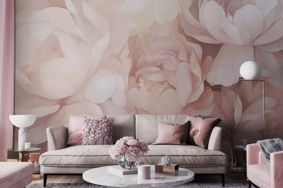 fotószőnyeg Világos pasztell rózsaszínű pünkösdi rózsák puha, textúrált finom szirmokkal, szorosan egymás mellé rendezve, sűrű virágművészetet, lágy megvilágítást teremtve w09319