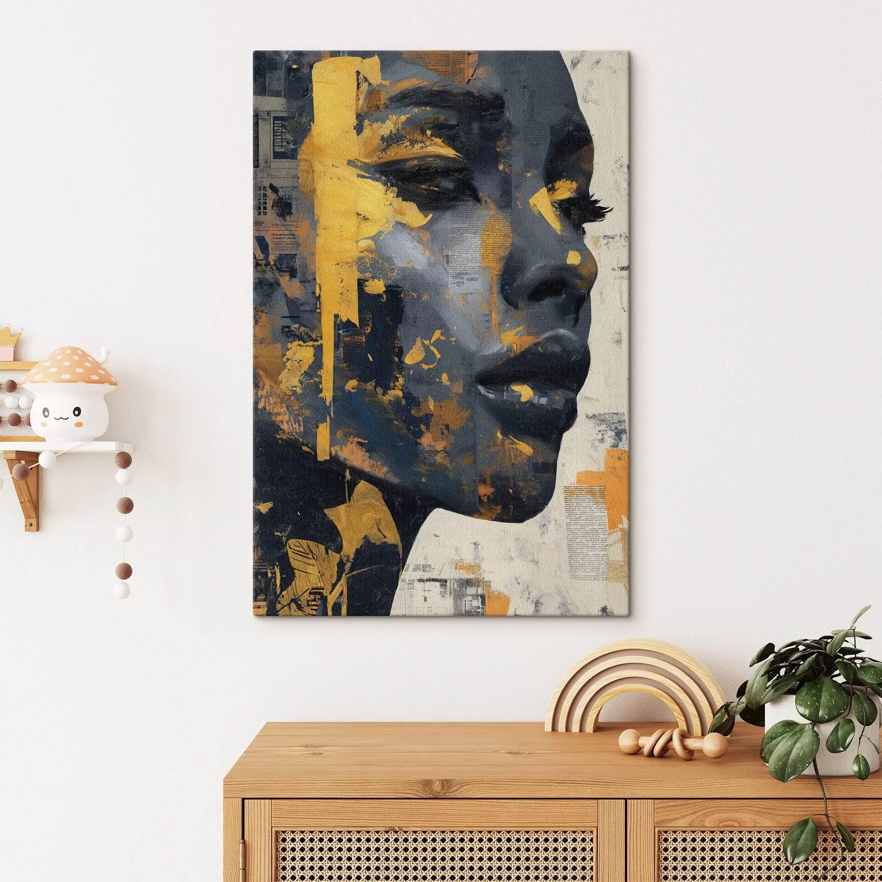 fotótapéta Vegyes média portré újságtöredékekkel és dekoratív ecsetvonásokkal s45420