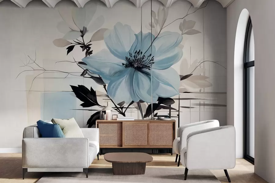 fotószőnyeg Absztrakt texturált kék virág sötét levelekkel és ágakkal, geometrikus minimalista formák és vonalak tompa színekben w09332