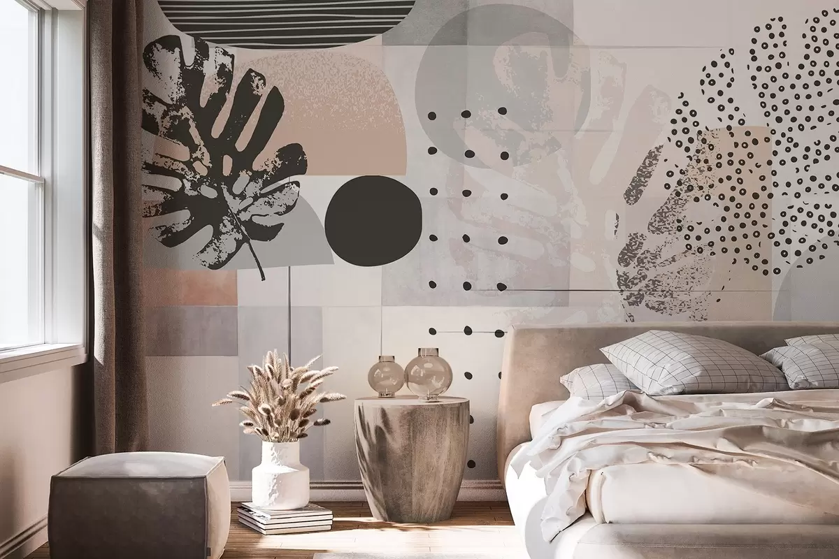 fotószőnyeg Absztrakt nyomtatás geometriai formákkal és monstera trópusi levelekkel, körökkel, pontokkal és vonalakkal, modern és minimalista design w09333