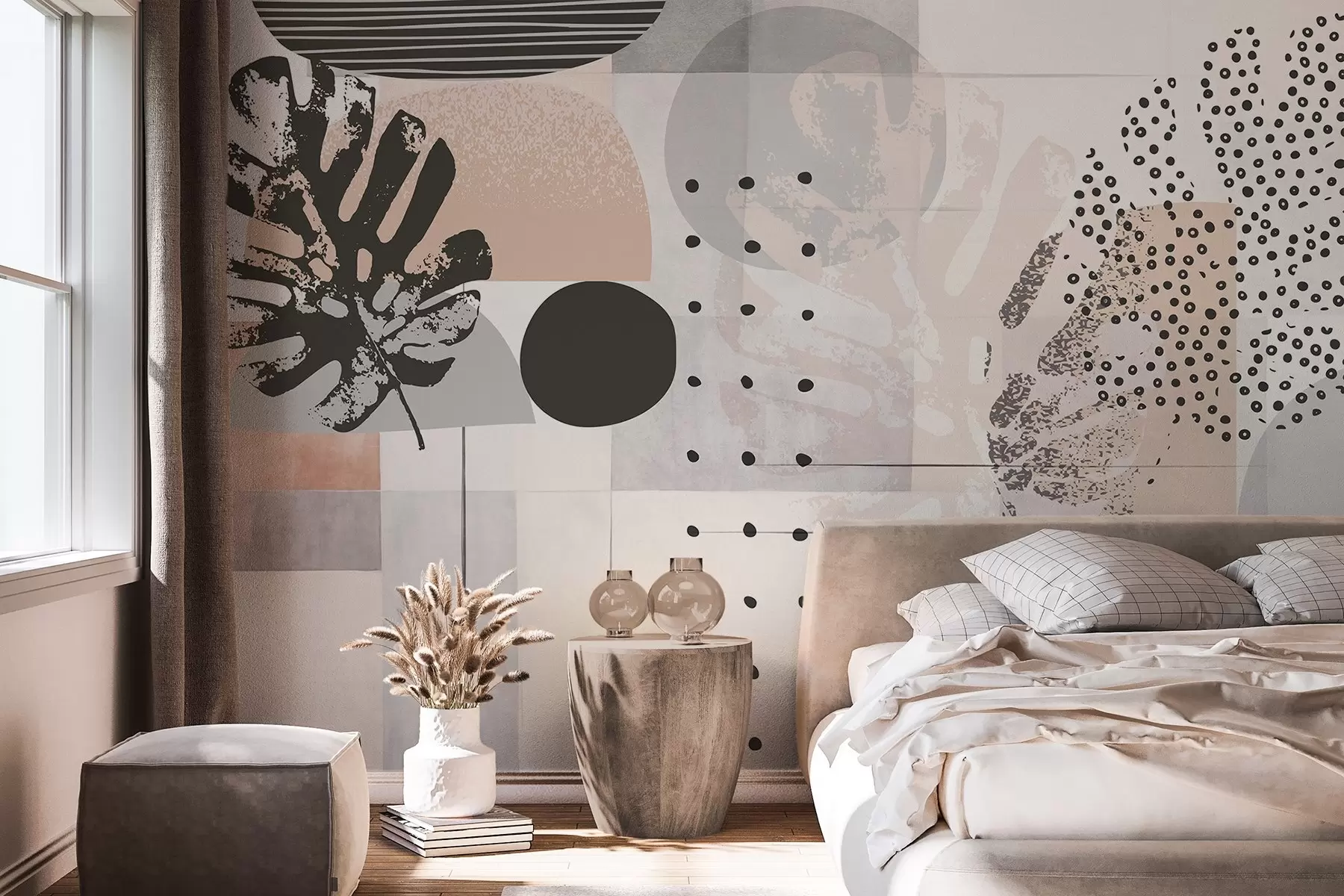fotószőnyeg Absztrakt nyomtatás geometriai formákkal és monstera trópusi levelekkel, körökkel, pontokkal és vonalakkal, modern és minimalista design w09333