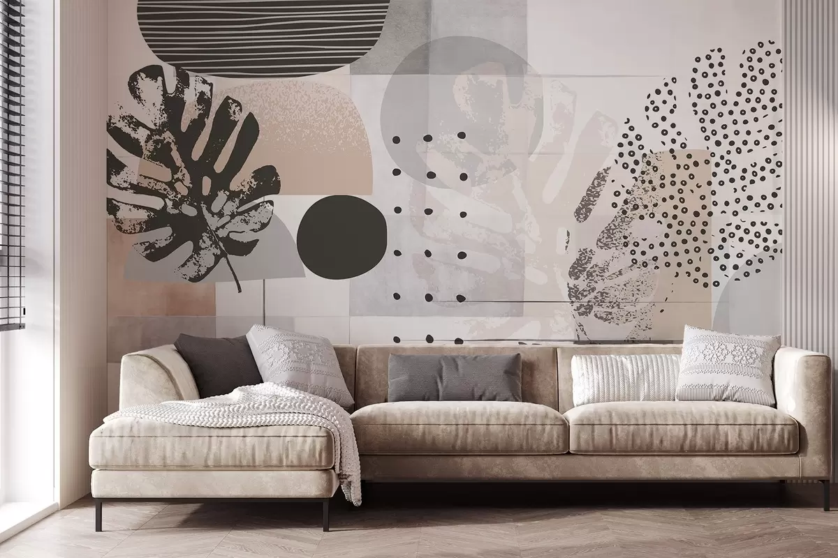 fotószőnyeg Absztrakt nyomtatás geometriai formákkal és monstera trópusi levelekkel, körökkel, pontokkal és vonalakkal, modern és minimalista design w09333
