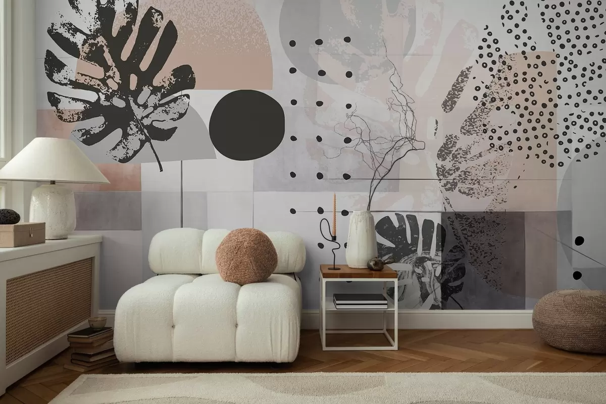 fotószőnyeg Absztrakt nyomtatás geometriai formákkal és monstera trópusi levelekkel, körökkel, pontokkal és vonalakkal, modern és minimalista design w09333
