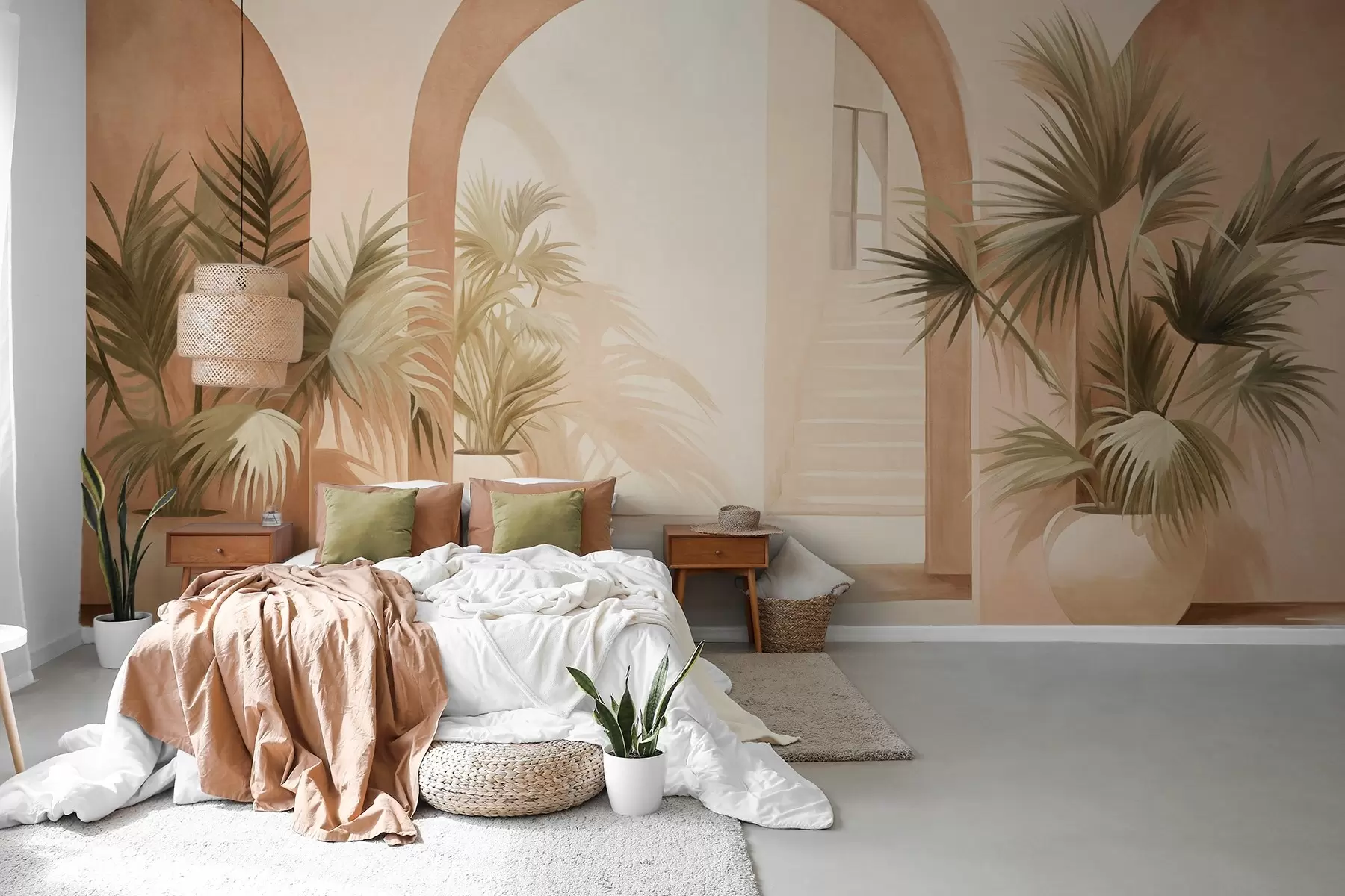 fotószőnyeg Texturált boltívek cserepes növényekkel, világos bézs színpaletta, minimalista design, lépcsőház a háttérben w09339