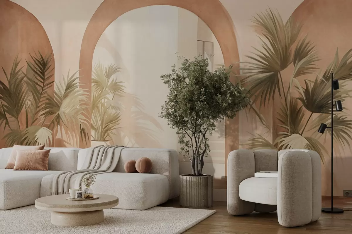 fotószőnyeg Texturált boltívek cserepes növényekkel, világos bézs színpaletta, minimalista design, lépcsőház a háttérben w09339