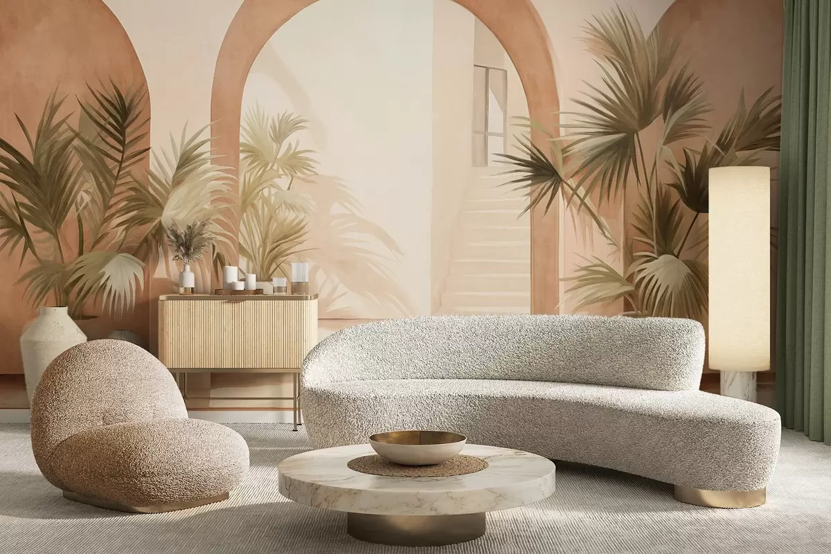 fotószőnyeg Texturált boltívek cserepes növényekkel, világos bézs színpaletta, minimalista design, lépcsőház a háttérben w09339