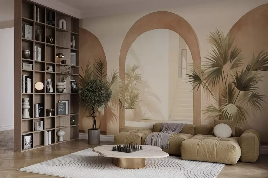 fotószőnyeg Texturált boltívek cserepes növényekkel, világos bézs színpaletta, minimalista design, lépcsőház a háttérben w09339