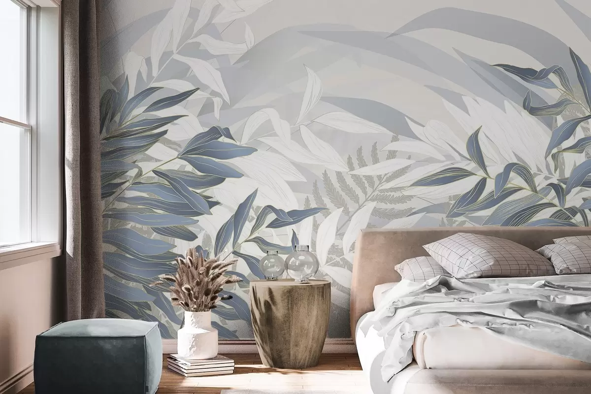 fotószőnyeg Kék és fehér levelek és fű, lágy pasztell színek, botanikai illusztráció, minimalista design, dekoratív, modern w09341
