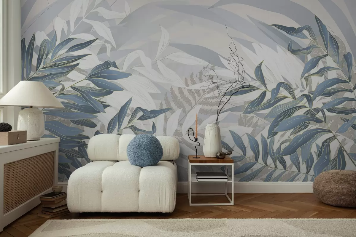 fotószőnyeg Kék és fehér levelek és fű, lágy pasztell színek, botanikai illusztráció, minimalista design, dekoratív, modern w09341