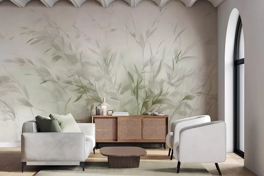 fotószőnyeg Fű és gaz vékony levelekkel és szárakkal, világoszöld és barna színek, lágy és finom ecsetvonások, minimalista nyomtatás w09342