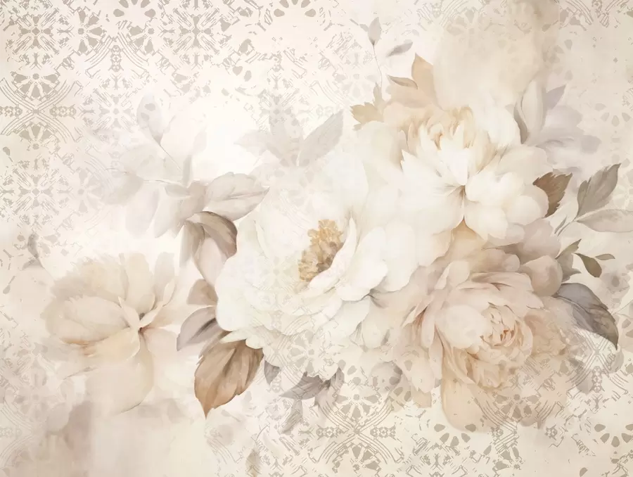 fotószőnyeg Fehér bazsarózsákból álló virágkompozíció bézs levelekkel, dekoratív, vintage textúrájú háttér előtt w09345