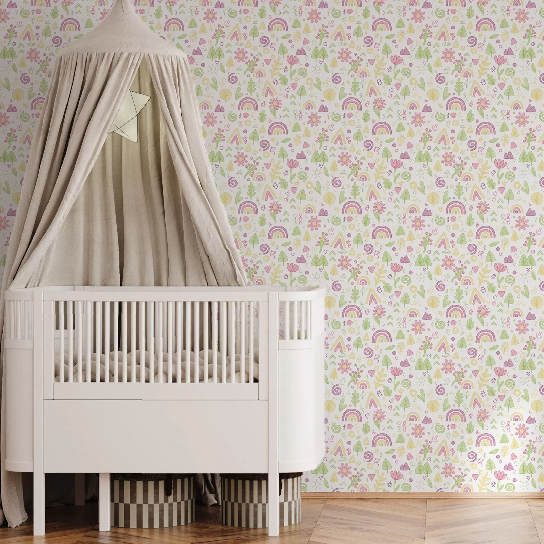 fotószőnyeg Gyermekrajz szivárványokkal, virágokkal és fákkal a00296