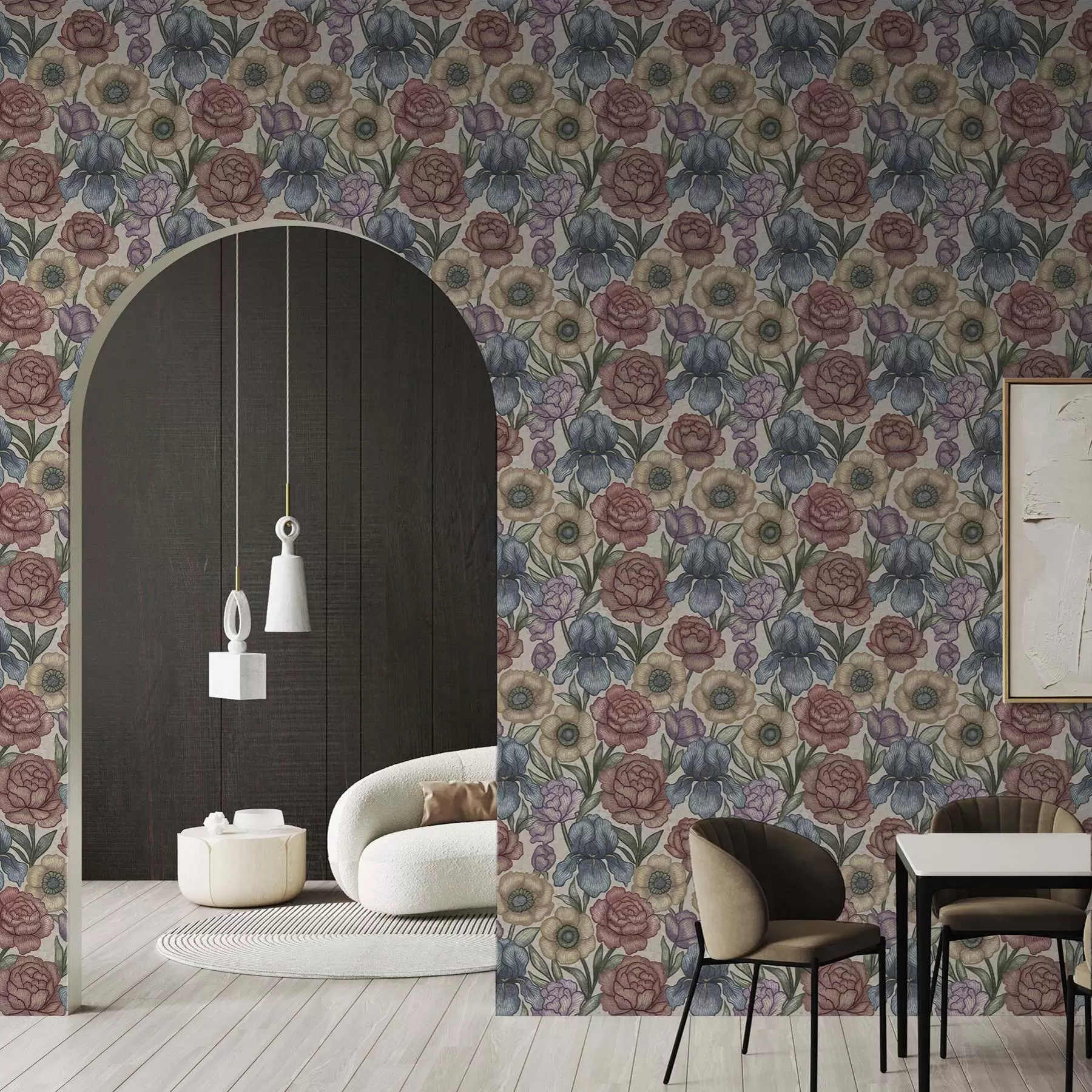 fotószőnyeg Nagy virágos illusztrációk íriszekkel és bazsarózsákkal a00325