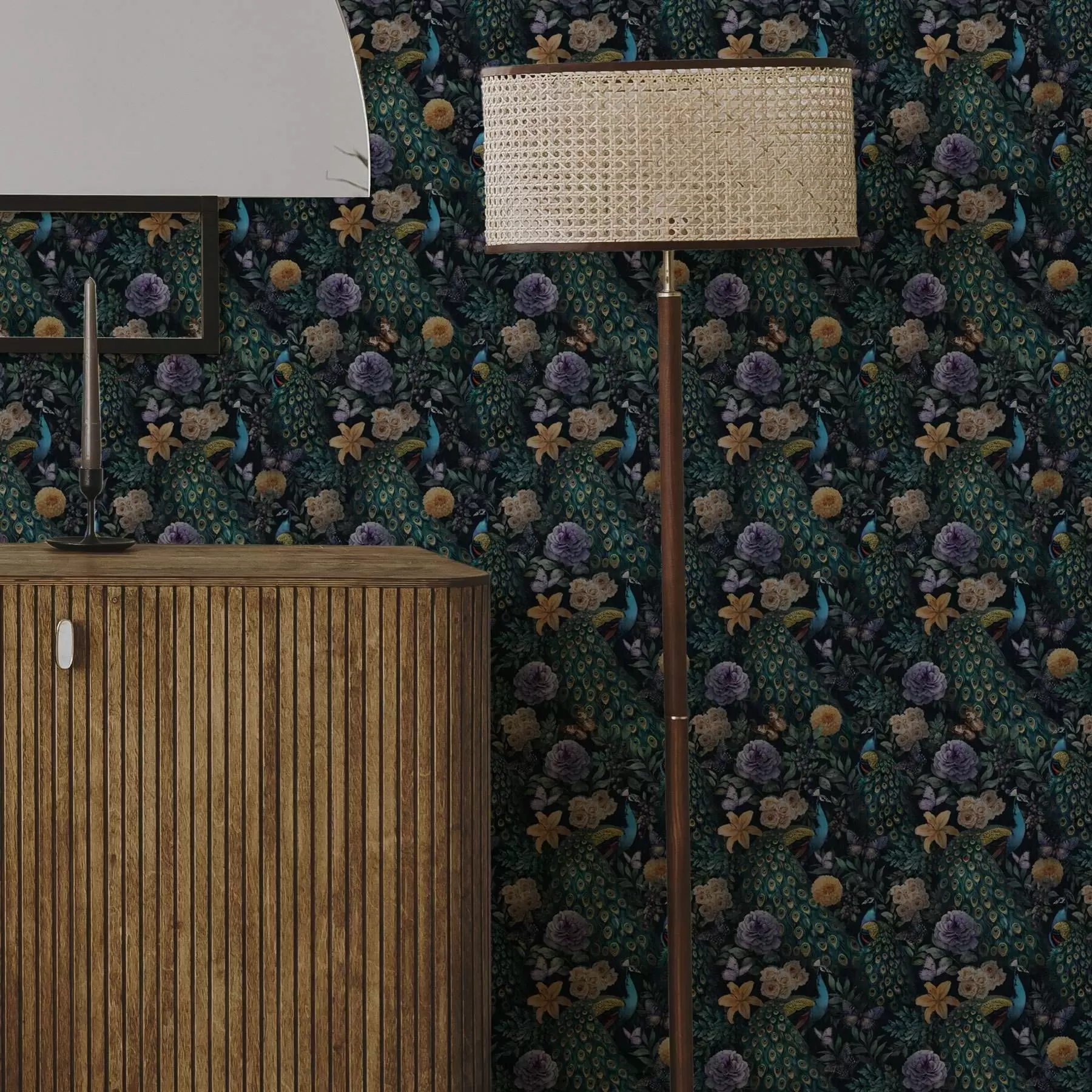 fotószőnyeg Pávák sötét virágok és pillangók között a00348