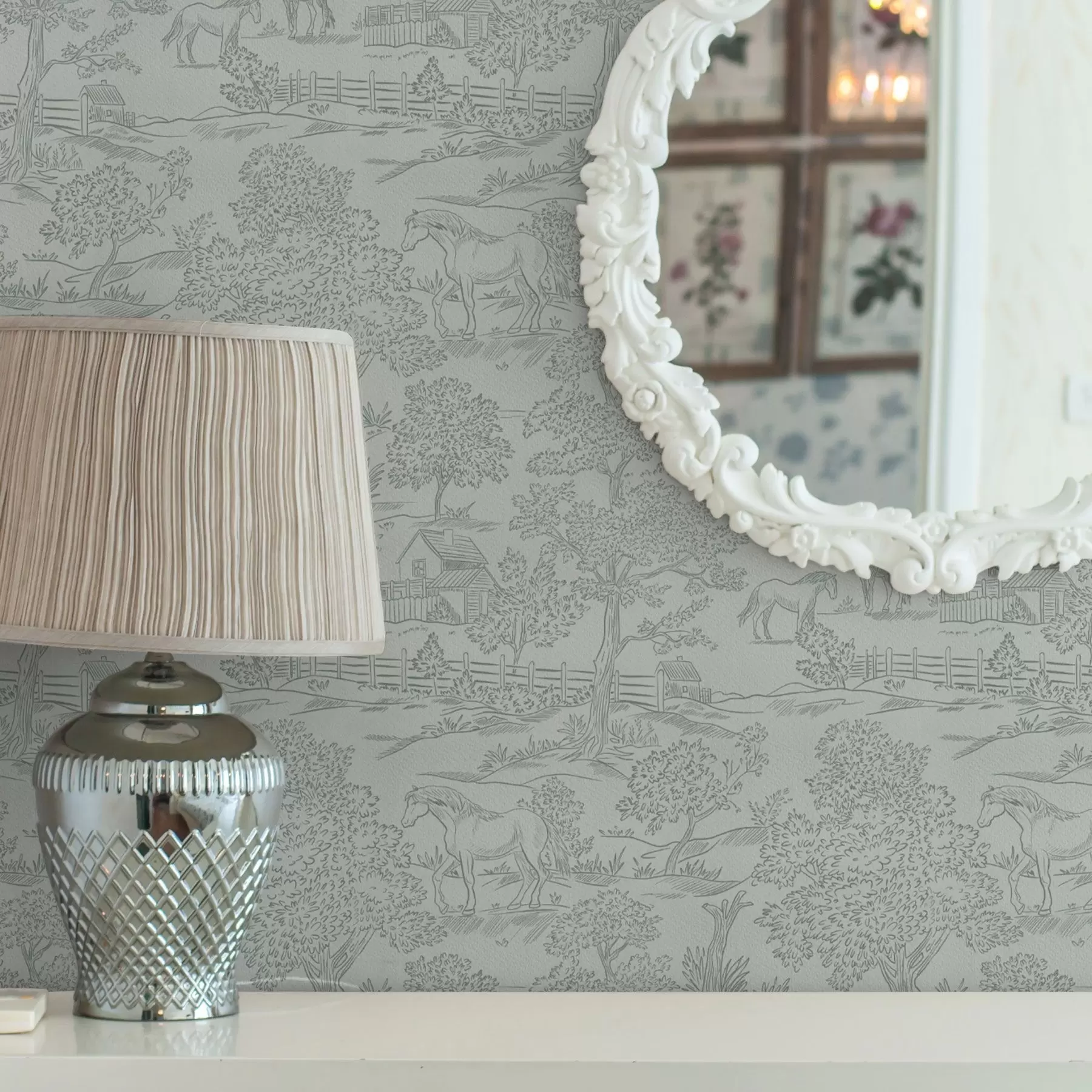 fotószőnyeg Zöld monokróm táj lovakkal és házakkal a00407