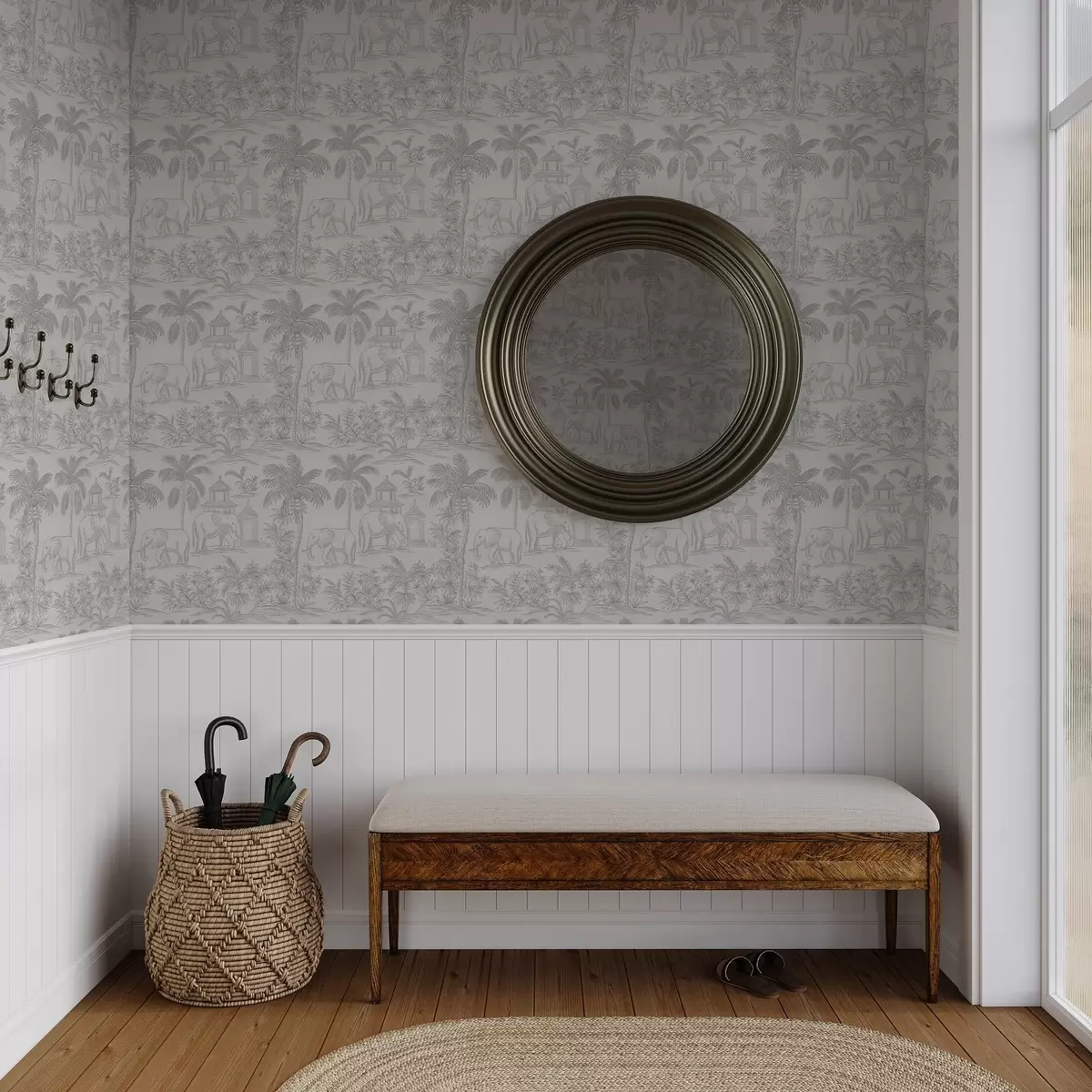 Háttérkép Monokróm elefántok és dzsungel grafikus stílusban a00410