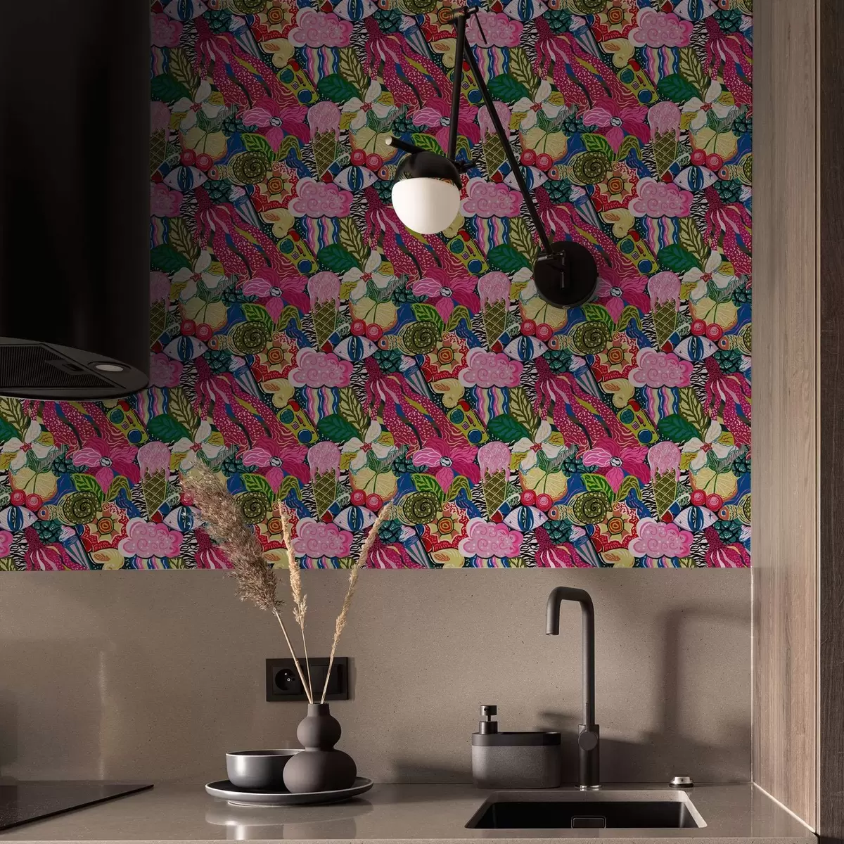 Háttérkép Absztrakt pop-art virágokkal, bogyókkal és mintákkal a00471